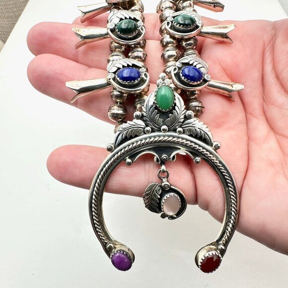 Native American M Haley Sterling Silver Gemstone Squash Blossom Necklace 100 GMS - Picture 15 of 15